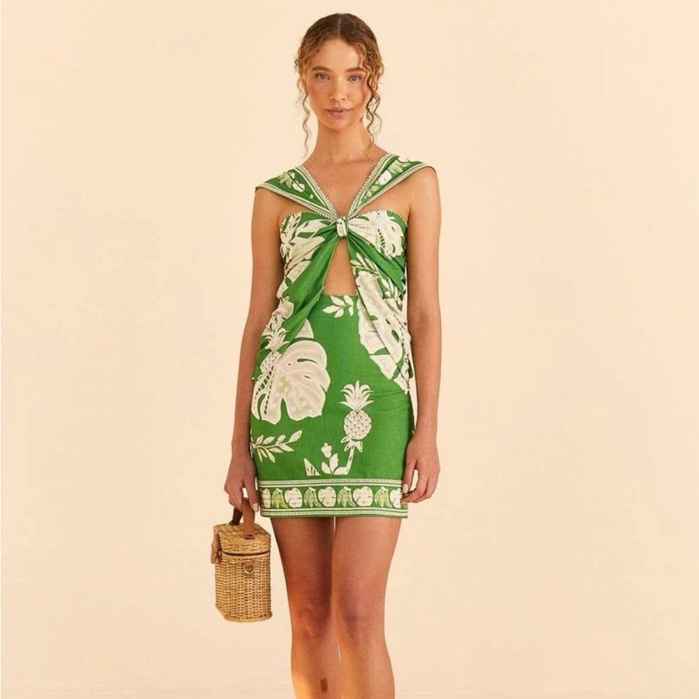 Farm Rio green lace monsteras mini dress XS